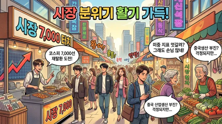 2026년 8월 18일 아침 시황: 연휴 끝낸 코스피, 7,000선 재탈환 도전과 엇갈린 미 중 지표